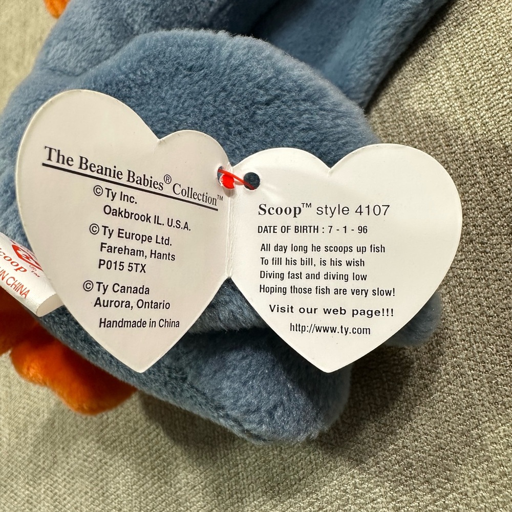 Ty Beanie Baby 1996Scoop Pelican with Orange Beak and Gray Body - Picture 6 of 8